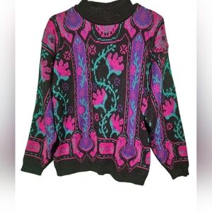 Koret Vintage Black Sweater with Pink and Green Patterns EUC PTP 21